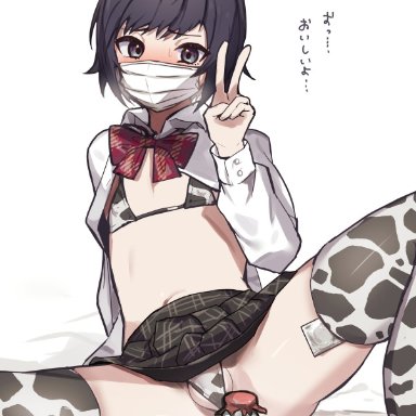 original, yoruhachi, 1boy, animal ears, animal print, bed sheet, bikini, bikini under clothes, black eyes, black hair, blush, body writing, bottle, bow, bowtie