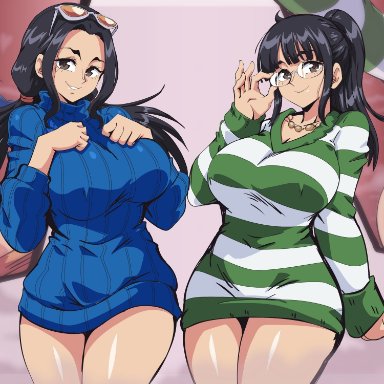 one piece, nico robin, lewdamone, 2girls, belly, big breasts, black hair, female focus, female only, glasses, large breasts, long hair, multiple views, perfect body, steam