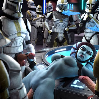 clone wars, lucasfilm, star wars, aayla secura, clone trooper, commander bly, twi'lek, duckmaster, 1girls, 327th star corps, 3boys, against surface, against wall, alien, alien girl