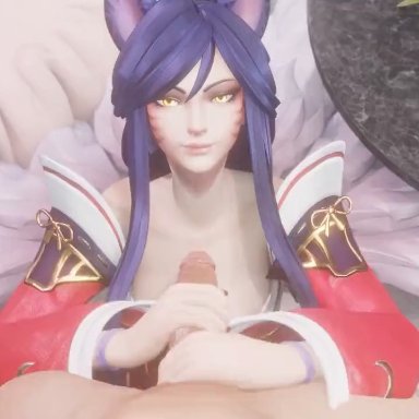 league of legends, riot games, ahri, vastaya, bewyx, memz3d, 1boy, 1girls, 9 tails, animal ear fluff, animal ears, animal girl, black hair, blowjob, clothing