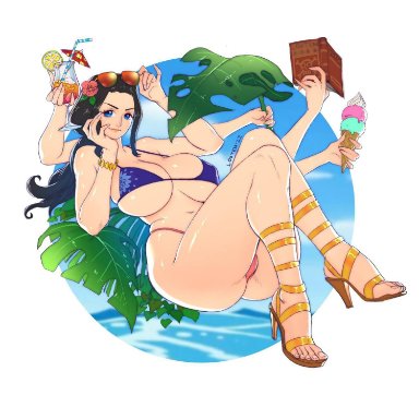 one piece, nico robin, louten, big breasts, bikini, black hair, blue eyes, book, drink, high heels, huge breasts, ice cream, long hair, looking at viewer, sunglasses