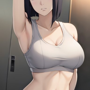 boruto: naruto next generations, naruto, hyuuga hinata, msg ai, 1girls, belly, belly button, big breasts, blue hair, bra, cleavage, hand on head, hourglass figure, milf, sports bra