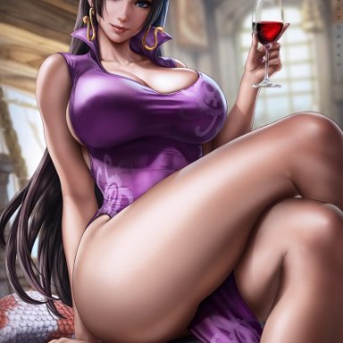 one piece, boa hancock, dandon fuga, 1girls, arm support, bare arms, bare legs, bare shoulders, bare skin, big breasts, big thighs, black hair, blue eyes, breasts, busty