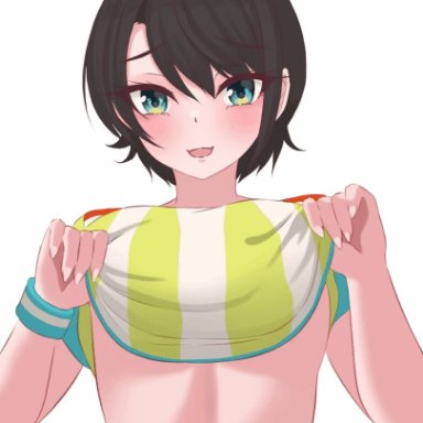 hololive, oozora subaru, eka kinoko, 1girls, big breasts, black hair, blue eyes, bouncing breasts, breasts out, looking at viewer, multicolored eyes, shirt, shirt lift, short hair, solo