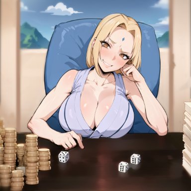 naruto, naruto (series), tsunade, kisou, armpits, blonde hair, blush, breasts, chair, cleavage, cloud, coin, day, dice, facial mark