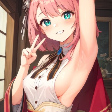 genshin impact, charlotte (genshin impact), 1girls, aqua eyes, armpits, arms up, blush, breasts, clothing, hat, looking at viewer, medium breasts, peace sign, pink hair, sideboob