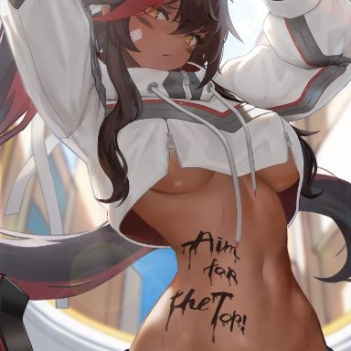 omega strikers, juliette (omega strikers), arc2urus, 1girls, arm behind head, big breasts, busty, crop top, dark-skinned female, dark skin, female, female only, large breasts, long hair, midriff