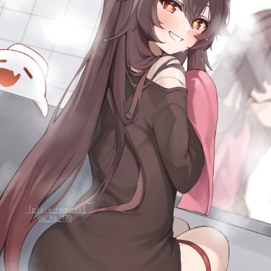 genshin impact, hu tao (genshin impact), g ya 170, 1girls, ass, bathroom, blush, brown hair, clothing, from behind, hips, long hair, looking at viewer, shirt, simple background