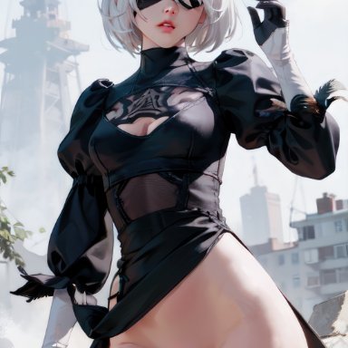 nier, nier: automata, nier (series), yorha 2b, 1girls, bottomless, eyepatch, female, female focus, female only, girl, innie pussy, pussy, white hair, ai generated