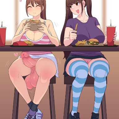 original, kamiya midori, mizuki nanami, original character, zheng, 1futa, 1girls, balls, big balls, big breasts, big penis, bottomless, breasts, brown hair, burger