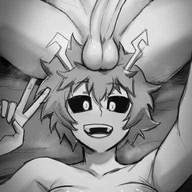 my hero academia, ashido mina, izuku midoriya, mina ashido, devilukez, 1boy, 1girls, black sclera, female, horns, male, male/female, medium breasts, penis on head, short hair