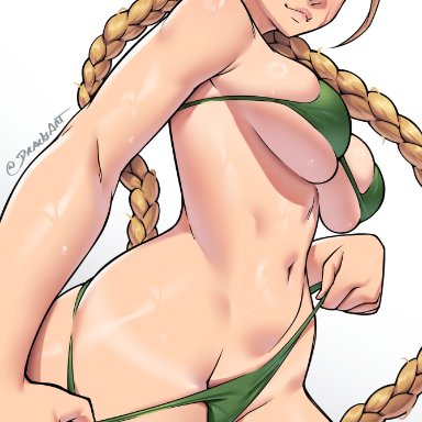 street fighter, cammy white, dracksart, ahoge, bikini, bikini pull, bikini tug, blonde hair, blue eyes, blush, braid, breasts, cleavage, clothes pull, female