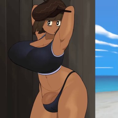 me!me!me!, bretta (capydiem), capy diem, 1futa, arms behind head, arms up, beach, big breasts, big penis, bouncing breasts, bouncing penis, breasts, clothed, clothed futanari, clothing