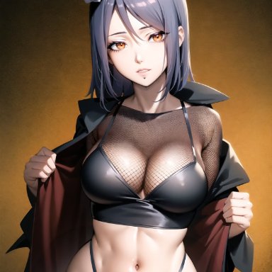 naruto, naruto (series), naruto shippuden, konan, nai diffusion, stable diffusion, 1girls, big breasts, blue hair, blush, bra, cleavage, coat, curvaceous, female