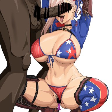 fate/grand order, fate (series), miyamoto musashi (fate), iwao178, 1boy, 1girls, ahoge, american flag bikini, asymmetrical legwear, barely visible pussy, bikini, boots, breasts, bun cover, choker