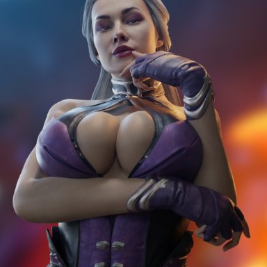 mortal kombat, mortal kombat 11, sindel, batesz, 1girls, big breasts, boob window, female, female focus, gloves, grey hair, huge breasts, large breasts, light-skinned female, light skin