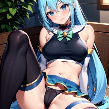 aqua (konosuba), pikkiwynn, bangs, bare shoulders, black panties, black thighhighs, blue eyes, blue hair, blue skirt, blush, bow, bowtie, breasts, cameltoe, crop top