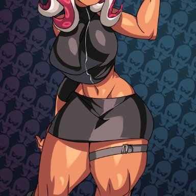 nintendo, splatoon, splatoon (series), splatoon 2, agent 8 (splatoon), octoling, octoling girl, captain kirb, 1girls, arm up, big breasts, boots, breasts, clothed, clothing