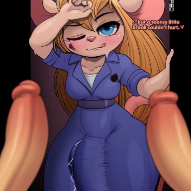 chip 'n dale rescue rangers, disney, gadget hackwrench, plundered, anthro, big bulge, bulge, clothed, clothing, erection, futanari, genitals, gynomorph, humanoid genitalia, intersex