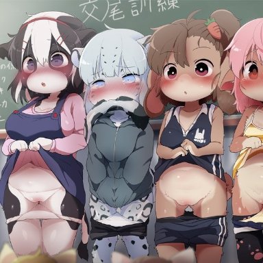 momo (dagasi), original character, original characters, yuki (dagasi), dagasi, blush, classroom, cub, exposed pussy, furry, innocent, nervous, pussy juice drip, smaller female, student