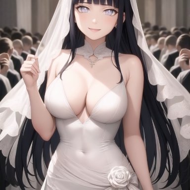 naruto, naruto shippuden, hyuuga hinata, pixai, 1girls, black hair, cleavage, crowd, female, gorgeous, long hair, married, sexy, smile, wedding ceremony