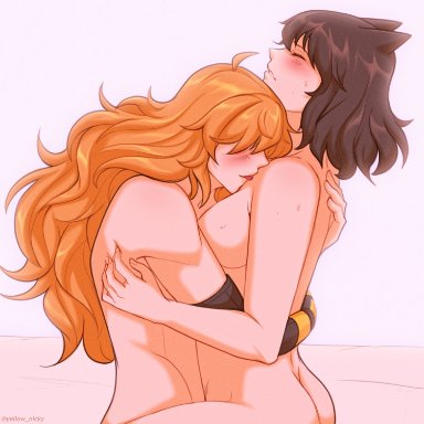 rooster teeth, rwby, blake belladonna, faunus, yang xiao long, yellow nicky (artist), 2girls, ahoge, ass, black hair, blonde hair, blush, blush lines, bob cut, breasts