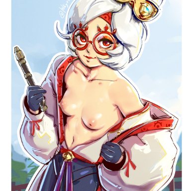 tears of the kingdom, the legend of zelda, purah, milkyrack, breasts, breasts out, glasses, nipples, white hair, absurd res