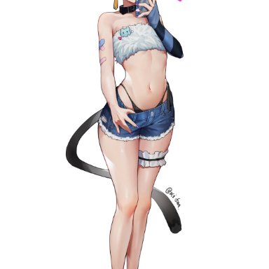 genshin impact, xingqiu (genshin impact), 1boy, androgynous, blue hair, cat ears, cat tail, choker, denim, denim shorts, femboy, feminine male, high heels, male, midriff