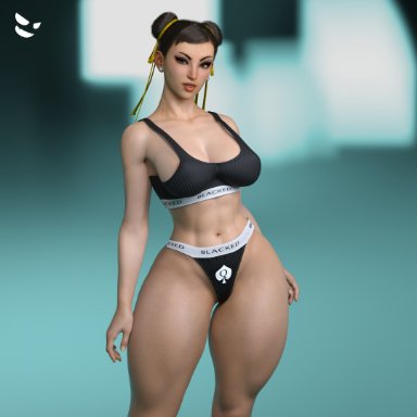 blacked, capcom, street fighter, street fighter 6, chun-li, gm studios, 1girls, big ass, big breasts, blacked clothing, blue pants, breasts, double bun, earrings, eyeshadow