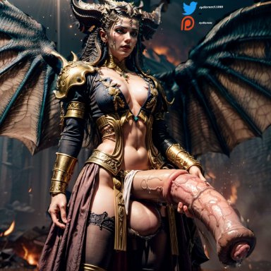 diablo, diablo 4, lilith, lilith (diablo), stable diffusion, sydlorem, armor, covered nipples, covering breasts, demon, demon horns, equine penis, flaccid cock, futa only, futanari