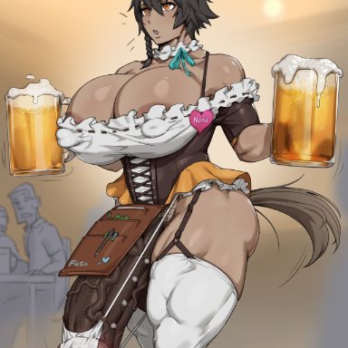 original, nanaju rock (kunaboto), original character, kunaboto, anthro, banana hammock, beer, black hair, dark-skinned futanari, erect nipples, erect nipples under clothes, erect penis, erection, erection under clothes, futa only