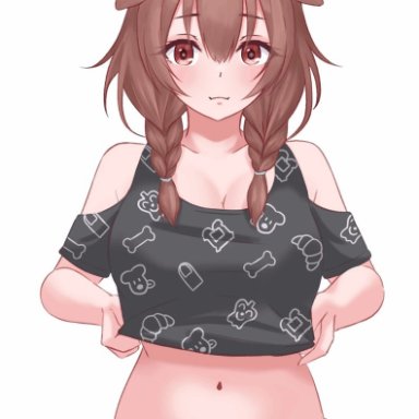 hololive, inugami korone, eka kinoko, 1girls, belly button, big breasts, brown eyes, brown hair, dog ears, dog girl, fangs, panties, shirt, shirt lift, solo