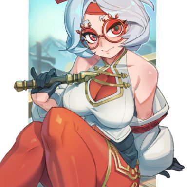 nintendo, the legend of zelda, purah, purah (tears of the kingdom), sintrybest (artist), 1girls, big breasts, breasts, chopsticks in hair, flute, glasses, gloves, holding flute, jacket off shoulders, looking at viewer