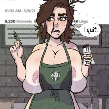 starbucks, jakal63, 1girls, apron, barista, breast expansion, breasts bigger than head, brown hair, coffee, hourglass figure, huge breasts, lactating, lactation, lactation through clothes, lactation without expressing