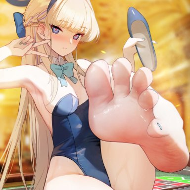 ursica, barefoot, blonde hair, bunny ears, bunny girl, bunnysuit, casino, feet, foot fetish, foot focus, heart-shaped pupils, looking at viewer, presenting feet, shoes removed, soles