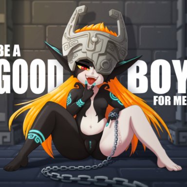 nintendo, the legend of zelda, midna, resonatingdiscord, 1girls, chain leash, cunnilingus gesture, drool, female, female only, femdom, hair down, imp, looking at viewer, nude