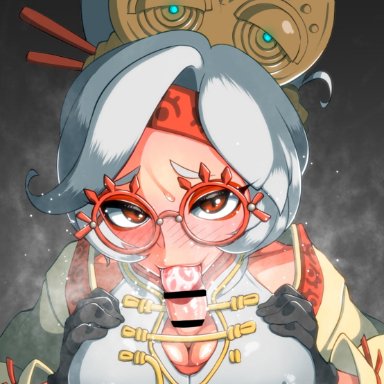 the legend of zelda, purah, purah (tears of the kingdom), yuuri splatoon, 1boy, black gloves, blush, breasts, breasts squeezed together, breath, eyeshadow, fellatio, female, gloves, goggles