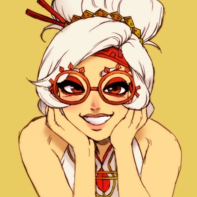 the legend of zelda, purah, purah (tears of the kingdom), jay-marvel, blush, female, glasses, hands on cheeks, hands on own cheeks, looking at viewer, red eyes, white hair, 2023, safe for work, sfw