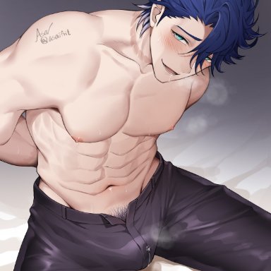 honkai: star rail, sampo (honkai star rail), 1boy, abs, asaifrit, blush, erect nipples, erect penis, erection under clothes, looking at viewer, looking up, male, male only, precum, pubic hair