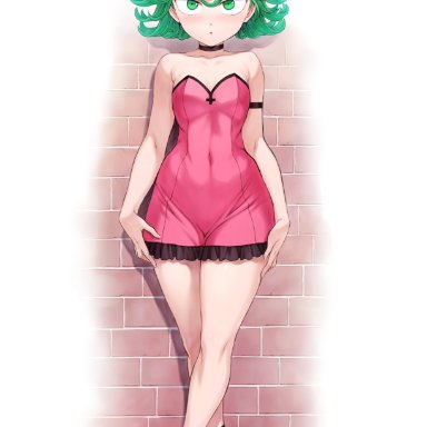 one-punch man, tatsumaki, mogudan, 1girls, alternate costume, armband, armwear, bare shoulders, blush, breasts, brick wall, choker, clothing, collarbone, crossed legs