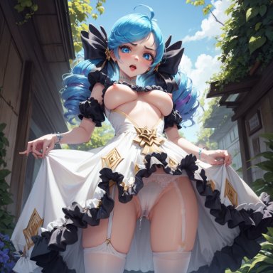 league of legends, gwen (league of legends), stable diffusion, 1girls, angry, blue eyes, blue hair, cameltoe, drill hair, frilled dress, full body, hair ornament, holding weapon, large breasts, nipples