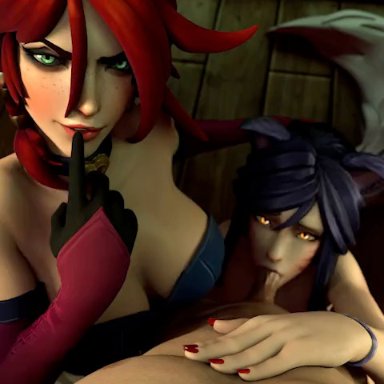 league of legends, league of legends: wild rift, ahri, miss fortune, arawaraw, 2girls, assisted fellatio, blowjob, choker, eye contact, fox ears, fox girl, fox tail, giggle, glowing eyes