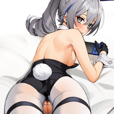 honkai: star rail, nintendo switch, silver wolf (honkai: star rail), ett, blush, bunnysuit, exposed breasts, exposed pussy, gloves, grey eyes, grey hair, looking at viewer, looking back, mostly clothed, top down