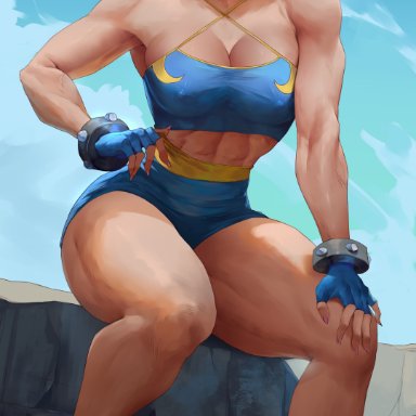 capcom, street fighter, chun-li, araneesama, 1girls, abs, asian, asian female, big breasts, breasts, brown hair, chinese female, female, light-skinned female, sportswear