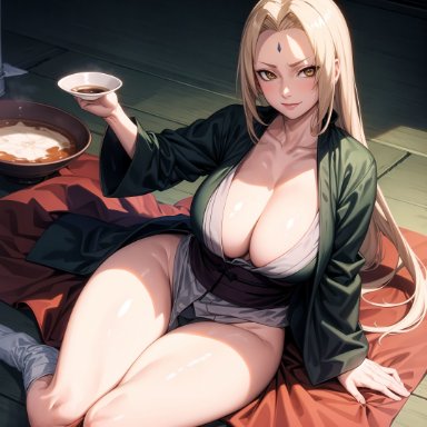 naruto, naruto (series), naruto shippuden, tsunade, alyxra, nai diffusion, stable diffusion, 1girls, arm support, big breasts, blonde hair, bottomless, breasts, brown eyes, busty