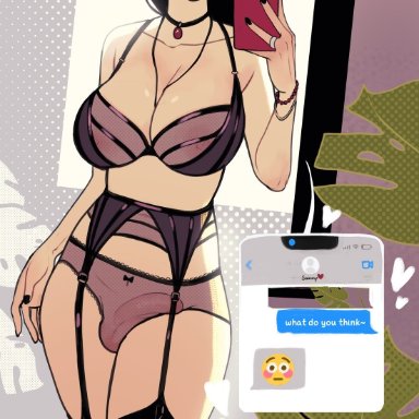 original character, philiatrix, 1futa, balls, big breasts, biting lip, black hair, black nails, bra, bracelet, breasts, bulge, choker, clothed, clothing