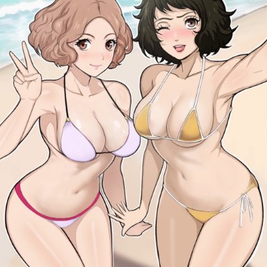 atlus, persona, persona 5, haru okumura, sadayo kawakami, lepypepy, 2girls, black hair, breasts, brown hair, cleavage, curly hair, female, huge breasts, light-skinned female