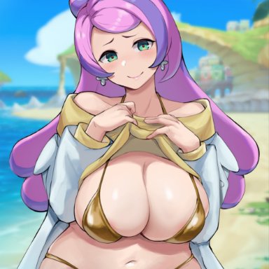 nintendo, pokemon, pokemon sv, miriam (pokemon), artsheops, 1girls, beach, bikini, breasts, female, gold bikini, green eyes, huge breasts, long hair, naughty face