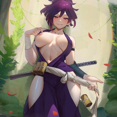 jigokuraku, yuzuriha (jigokuraku), greatodoggo, 1girls, big breasts, blush, breasts, cameltoe, cleavage, detailed background, exposed nipples, female, flowers, kunoichi, light-skinned female