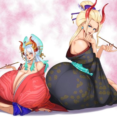 one piece, black maria, yamato (one piece), deedee89, sunnysundown, 2girls, ass, ass bigger than head, ass in dress, big ass, big breasts, big butt, blonde female, blonde hair, blonde hair female